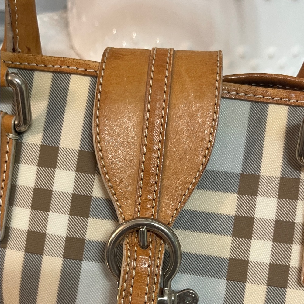 Burberry Cream and Tan Check Satchel with Leather Trim and Silver Hardware - Picture 3 of 14